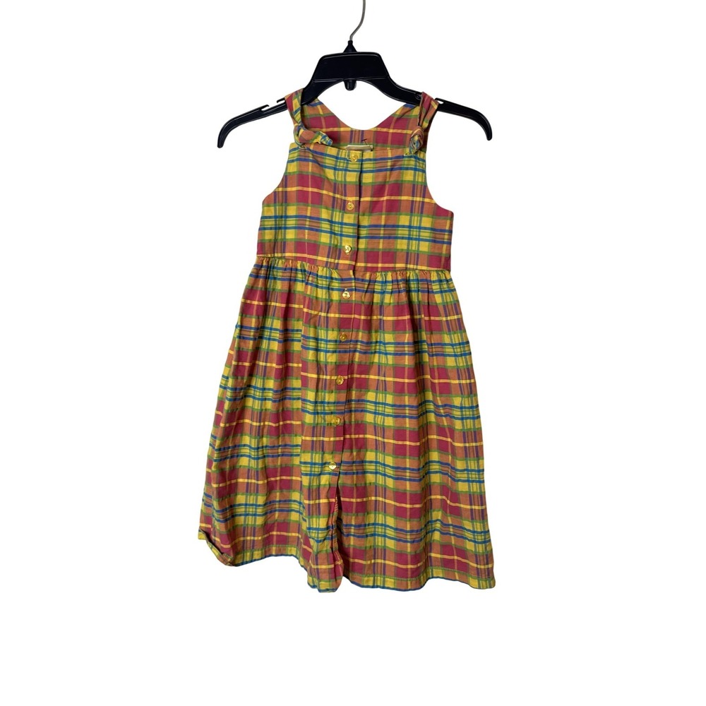Vintage Laura Ashley Dress Girls 6 Multicolor Plaid Button Front Sundress Cotton